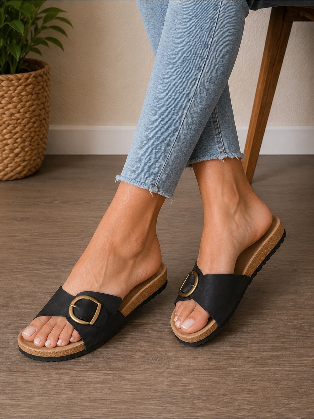 Black Buckle Cork Footbed Slide Sandals Size 41 NWOT